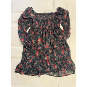 Trixxi Black Floral Chiffon Semi Sheer Long Sleeve Dress Size M